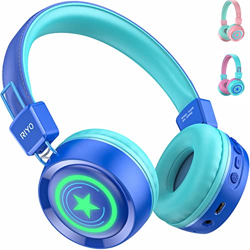 Bluetooth Kinder Kopfhörer RIYO Kinderkopfhörer LED mit MIC Bluetooth-Kopfhörer für Kinder mit bunten LED-Leuchten Kabelloser On-Ear-Kopfhörer Max Lautstärke 92 dB Faltbarer Stereokopfhörer(Navy Blau)