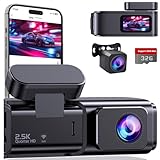 Dashcam Auto Vorne Hinten 2,5K + 1080P, Dash Cam mit WiFi, 32GB Karte, Dual-Autokamera mit 170 ° Weitwinkel, Super Nachtsicht, Auto Kamera mit Parküberwachung, G-Sensor, App-Steuerung, Loop-Aufnahme