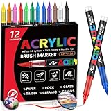 Aziool Filzstifte Kinder 2025 Upgrade - Acrylstifte Set & Acrylic Marker für Steine zum Bemalen, Leinwand, Keramik, Direkttinte Stifte für fotoalbum zum selbstgestalten (12 Farben)