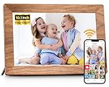 FRAMEO Digitaler Bilderrahmen WLAN 10,1 Zoll - 1280x800 IPS Touchscreen Digitale Bilderrahme, 32GB Speicher, Auto Rotation Elektronischer Fotorahmen, Teilen Sie Fotos/Videos Sofort (Holzmaserung)