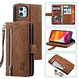 UEEBAI Hülle für iPhone 12 Mini 5.4 Zoll, Vintage Reißverschluss Handyhülle PU Leder Handytasche Bumper mit 9 Kartenfächer Standfunktion Geldbörse Trageband Schutzhülle Flip Wallet Case -Braun