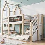 Etagenbett Holzbett 90 x 200cm mit Tafel und Stauraum Treppe, Hochbett Hausbett Kinderbett Funktionsbett mit Lattenrost und Rausfallschutz für Kinder und Jugendliche, Weiß + Natur