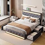 Generisch Polsterbett 140x200 cm,Bett mit led-Beleuchtung,Doppelbett Stauraumbett mit 4 Schubladen Funktionsbett Jugendbett Bettgestell mit Lattenrost aus Holz,Leinen,Dunkelgrau (140 * 200)