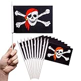 PHENO FLAGS Piratenflagge klein- 10 Stück - Piratenfahne 12,7 x 20,32 cm - 30cm Flaggenstab - 75 D Polyester Stoff, Mini-Fahne mit Piratenmotiv für Kindergeburtstag und Faschings-Party