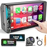 Kabelloses 7-Zoll-Doppel-DIN-Autoradio mit Carplay Android Auto-Touchscreen, Auto-Audio-Receiver-Headunit, Bluetooth 5.3, Rückfahrkamera, FM/AM/RDS, SWC, Mirrorlink, Ladefunktion