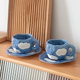 Espressotassen Handbemalte Kaffeetasse mit Untertasse aus Keramik mit blauem Himmel und weißen Wolken, handgefertigtes Teetasse-Untertassen-Set, süßes Geschenk for Sie Espresso Tassen (Color : T, Si