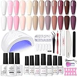 BORN PERTTY 47PCS Gelnägel Starterset Nagelset Nudefarben Weiß Rosa 48W UV LED Lampe UV Nagellack Set mit UV Lampe Shellac Set Starterset Top Coat Base Gel Gelnägel Starterset Maniküre Set Komplett