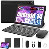 Tablet 10 Zoll 8-in-1 Kit Android 14 Tablet PC mit Hülle Tastatur Maus Stift Kopfhörer Netzstecker Kabel Octa-Core 10 GB RAM 64 GB ROM/ 1TB TF 1280x800 IPS HD Touchscreen 5000 mAh Akku Widevine L1