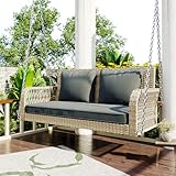 Hollywoodschaukel, Gartenschaukel, Gartenmöbel-Set für den Außenbereich, Rattan, Sitzkissen, 2 Sitze, mit Sitzkissen und Rückenkissen, abnehmbar und waschbar (Beige + Grau)
