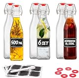 Praknu 6er Set Glasflaschen 500ml Bügelverschluss Eckig - Bügelflaschen Zum Befüllen - inkl 6 Extra Dichtungen & 6 Etiketten mit Stift - Glasflaschen für Öl, Essig, Saft & Limonade