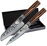 Wolfblood 2er Damastmesser-Set (24cm) Profi Damast-Küchenmesser Set aus echtem 67 Lagen Damaststahl I Küchenmesser-Damastmesser Set mit Chefmesser Santokumesser Holzgriff Geschenkbox & Klingenschutz