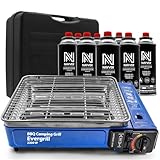 Camping Gasgrill Evergrill mit 8 Gaskartuschen (MSF-1A) & Transportkoffer | Campinggrill Gasgrill BBQ Barbeque Tischgrill Butangas Reisegrill Festival Gaskocher