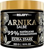 Reliefy Arnika Salbe Hochkonzentriert – Extra Stark, Wirkt gegen Rückenbeschwerden & Muskelkater, beruhigt Füße, Knie, Nacken, Schultern mit Arnika Montana Extrakt für Tiefenwirksames Massageerlebnis
