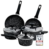La Moustache - 8-Teiliges Kochgeschirr, Set Antihaftbeschichtetem Aluminium, 3 Töpfe mit 3 Deckeln aus Gehärtetem Glas und 2 Bratpfannen für Alle Herdarten, Sogar Induktion (Onix)