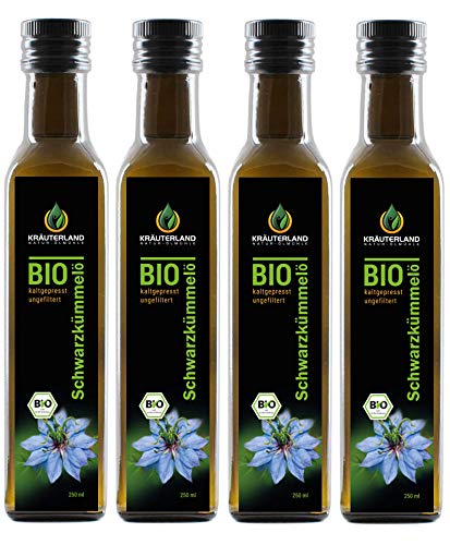 Kräuterland - Bio Schwarzkümmelöl ungefiltert - 1 Liter (4x 250ml) - 100% rein, schonend kaltgepresst, ägyptisch, nigella sativa, vegan - Frischegarantie: täglich mühlenfrisch direkt vom Hersteller