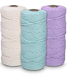 Makramee Garn Set, 3 Stück, Premium Makrameegarn für DIY, Boho Deko, Traumfänger, Baumwoll Bastelschnur Natur, baumwollseil 3mm x 100m, Baumwollgarn (weiß, Hellviolett, aquamarin)