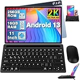 Tablet 11 Zoll Android 13 mit 16 GB RAM + 256 GB ROM (1TB TF), 2K 2000 x 1200 IPS, 4 Lautsprecher, 3 Kameras, GPS, 5G WLAN, 18W Schnellladung, 8600mAh, Octa-Core, mit Tastatur + Maus + Hülle, Blau