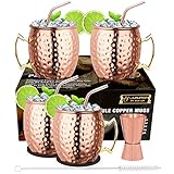 LIVEHITOP Moscow Mule Tassen, 4 Stück, 4 Stück, Kupferbecher mit 4 Unterkatastern, 4 Strohhalmen, Pinsel Jigger und Stroh, Tasse Geschenk Set für Haus, Bar, Party (4)