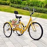 Xingfx Dreirad für Erwachsene 24 Zoll 3-Rad-Fahrrad 7 Gang Dreirad Fahrrad mit Einkaufskorb und Rückenlehne für Erwachsene, Satteleinstellhöhe 80-90cm, Gelb