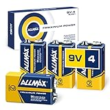 Allmax 9V Maximum Power Alkaline-Batterien (4 Stück) - Ultra-langlebig, 7 Jahre Haltbarkeit, auslaufsicheres Design - perfekt für Rauchmelder und kabellose Mikrofone (9 Volt)