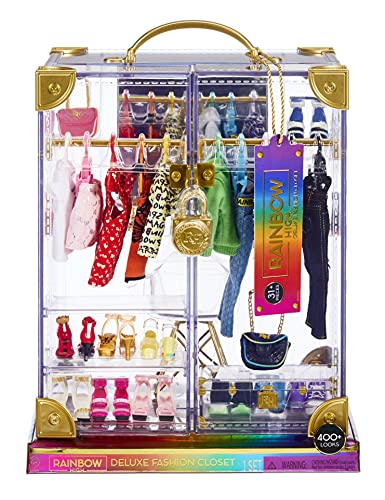Rainbow High Deluxe Fashion Closet Spielset – 400+ modische Looks! Tragbarer transparenter Acryl-Spielzeugschrank - 31+ Artikel, Kleidung, Accessoires und Stauraum. Für Kinder von 6 bis 12 Jahren