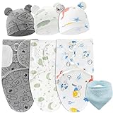 WuGU 3er Pucksack Baby 0-3 Monate, Baby Schlafsack mit Mütze, Pucksack aus Baumwolle für Neugeborene, 100% Bio-Baumwolle Swaddle Decke für Neugeborene Babys, Unisex, 73x50cm(mit Speicheltuch)