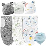 WuGU 3er Pucksack Baby 0-3 Monate, Baby Schlafsack mit Mütze, Pucksack aus Baumwolle für Neugeborene, 100% Bio-Baumwolle Swaddle Decke für Neugeborene Babys, Unisex, 73x50cm(mit Speicheltuch)