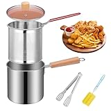 NZZVNZ 3L Frittiertopf, Edelstahl Fritteusentopf mit Sieb, Lebensmittelclip und Tassenbürste, Ölfiltertopf Fettbehälter mit Frittierkorb, Frittiertopf mit Verbrühschutzgriff zur Aufbewahrung von Frit