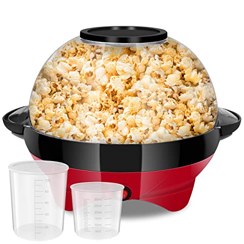 Popcornmaschine, Popcorn Maker, 800W Popcornmaschinen mit Zucker und Öl, Abnehmbares Heizfläche, Antihaftbeschichtung und Deckel, mit 2 Messbechern (100ml, 30ml), 5 L,Großer Deckel als Servierschale