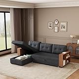 YOPTO 213,4 cm wandelbare Sektionalcouch mit ausziehbarem Bett und Stauraum, L-förmiges Schlafsofa mit Holzschrank-Armlehnen und abnehmbaren Rückenkissen, Wohnzimmermöbel für Zuhause, Büro, Dunkelgrau