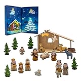 Spetebo Holz Weihnachts Krippenstall mit Kunststeinfiguren - 26 x 13 cm - Weihnachtskrippe Adventskalender mit 24 Figuren - Weihnachten Advent Winter Tisch Deko Krippe