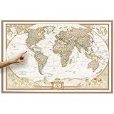 ORBIT Globes & Maps - Weltkarte mit Kartenbild von National Geographic - Pinnwand mit Holzrahmen, Aktuell 2023, 90x60 cm, deutsch, Maßstab 1:46 Mio mit Fähnchen und Pins sowie Befestigungsmaterial