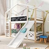 Etagenbett Holzbett 90 x 200cm mit Tafel und Rutsche, Hochbett Hausbett Bodenbett Kinderbett Funktionsbett mit 2 Lattenrost und Leiter für Kinder und Jugendliche, Weiß + Natur
