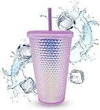 Stefik Eingelegte Tasse Tumbler Strohhalm Abdeckung - Kunststoff Doppelwand Kaltbecher, geeignet für Eiskaffee, Wasser, Slush oder Smoothie, Ihr Heimkino-Becher (16oz/450ml) Transparentes Pulver