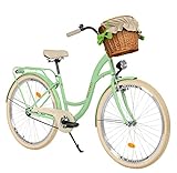 Milord Komfort Fahrrad mit Weidenkorb, Hollandrad, Damenfahrrad, Citybike, Vintage, 28 Zoll, Mintze-Creme, 1-Gang