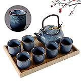 DUJUST Japanisches Teeservice für 6, Ofengealterte Glasur Porzellan Chinesisches Teeset mit Kanne und Tassen, Schönes Asiatische Teekanne Set für Teeliebhaber, Blau