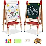 Kindertafel aus Holz mit Papierrolle Doppelseitige Whiteboard und Tafel Kinder Staffelei mit Zahlen und Anderem Zubehör für Kinder und Kleinkinder (T04)
