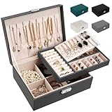 LUZOON Schmuckschatulle Schmuckkästchen für Damen, 2 Schich Schmuckaufbewahrung Mädchen Schmuckkasten Schmuckbox PU Leder Schmuck Groß für Ringe, Ohrringe, Halskette-Grau