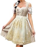 KOJOOIN Dirndl Damen Kurz 3Tlg. Trachtenkleid Midi für Oktoberfest mit Spitzenschürze Champagner Jacquard 38