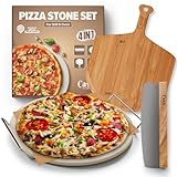 Casa Crunza Pizzastein-Set – 5-teiliges Premium-Pizzastein-Set aus Cordierit zum Backen und Grillen, komplettes Pizza-Set mit Bambus-Schälbrett, Pizzaschneider und fettdichtem Papier (abgerundetes
