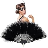 FUKPO Fächer Federn Schwarz, Federfächer 1920er Handfächer Spitze Vintage Feather Fan, Spitzenfächer Fächer Feder 20er Jahre Damen Kostüm Tanzen Show Hochzeit Karneval Party Flapper Zubehör