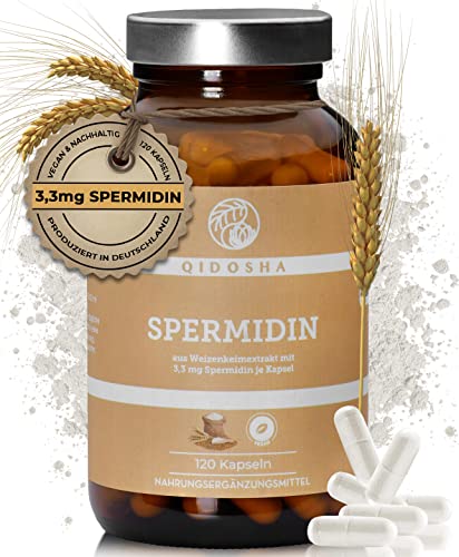 QIDOSHA® Spermidin Kapseln hochdosiert, 3,3 mg Spermidin je Kapsel, 120 Stk im Glas, Weizenkeim-Extrakt (660 mg/Kapsel) als 100% pflanzliche Spermidin-Quelle, vegan, laborgeprueft