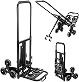 TOPDEEP Robuster Treppensteiger-Sackkarren, tragbarer, zusammenklappbarer Treppensteigerwagen, 170 kg Tragkraft, Handwagen, Gepäckwagen mit 6 Rädern und 2 Stützrädern, schwarz, mit 2 Lenkrollen