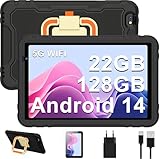 JUEDUR Kinder 10 Zoll Android 14 Tablet mit 22 GB RAM + 128 G0 ROM (TF 1TB), Kindersicherung, 8000 mAh, Octa-Core, Widevine L1, WiFi 6, BT 5.0, Lerntablet mit Kid-Proof Schutzhülle, Schwarz