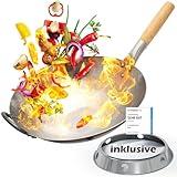 Flavemotion Wok mit Wokring für Induktion, E-Herd (Flacher Boden, 36 cm groß) handgehämmerte Wokpfanne aus Karbonstahl mit Holzgriff inkl. Wokring zum Abstellen