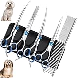 Gentpovth Hundeschere Set, Profi 5-In-1 Hundeschere, Hund und Katze Sicherheit Grooming Schere, Inkl Effilierschere, Gebogene, Gerade Schere, Fellpflegekamm, für Katzen Und Andere Tiere