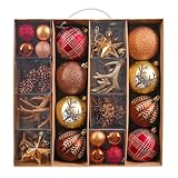 VALERY MADELYN Weihnachtskugeln 60 Stücke Christbaumkugeln Geschenkpaket Weihnachtsbaumschmuck Kunststoff Kupfergold Weihnachtsdeko mit Aufhänger Wald Thema