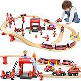 Ulikey Holzeisenbahn Set Kinder, 58 Teiliges Holzeisenbahn Schienen und Zug Spielzeug, Modelleisenbahn-Set mit Elektrische Lok und Feuerwehr, Spielzeugeisenbahn-Set Geschenk für Jungen und Mädchen
