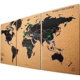 Zinello Design – Weltkarte aus Kork – Wandbild 60 x 30 cm – 3 selbstklebende Paneele – bunte Reißnägel inklusive – umweltfreundliches Reiseposter zum Personalisieren