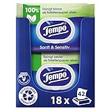 Tempo Toilettenpapier, feucht, sanftundsensitiv Trio-Pack (18 Packungen x je 42 Blatt), Großpackung, 1 kg